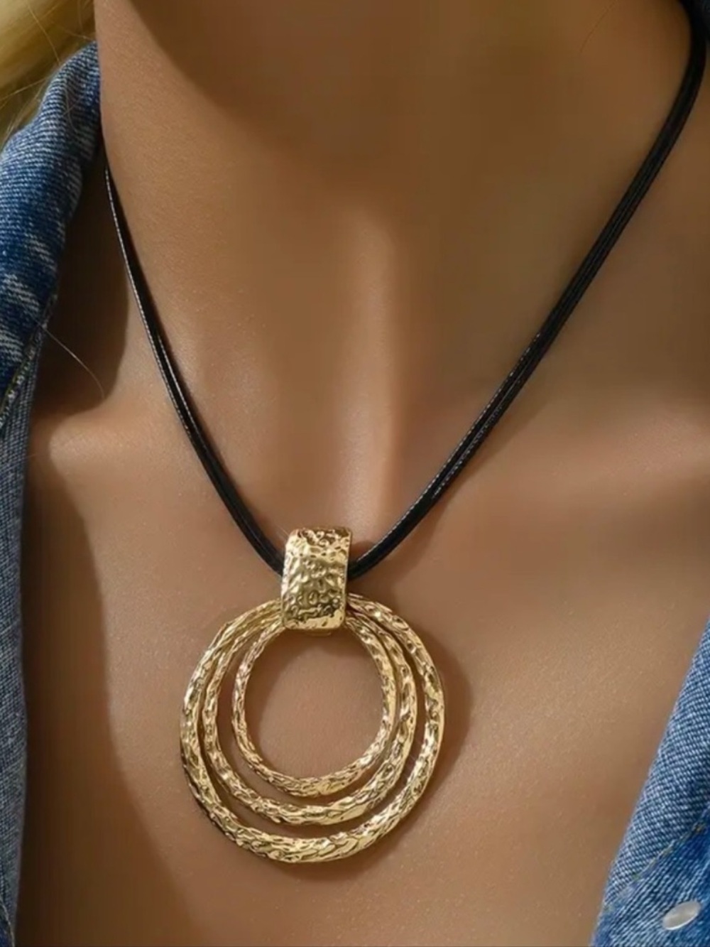 Gold Tone Triple Ring Pendant Necklace on Black Cord - Women Jewelry New